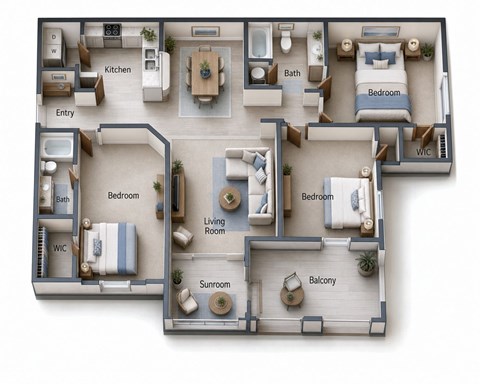 Floor plan for 3 beds, 2 baths, 1355 sqft